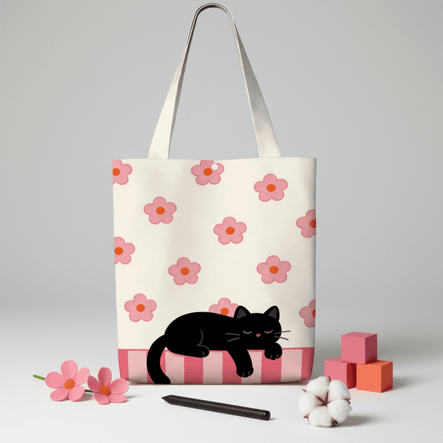 Sleepy Black Cat Canvas Tote - Gift for Cat Lovers
