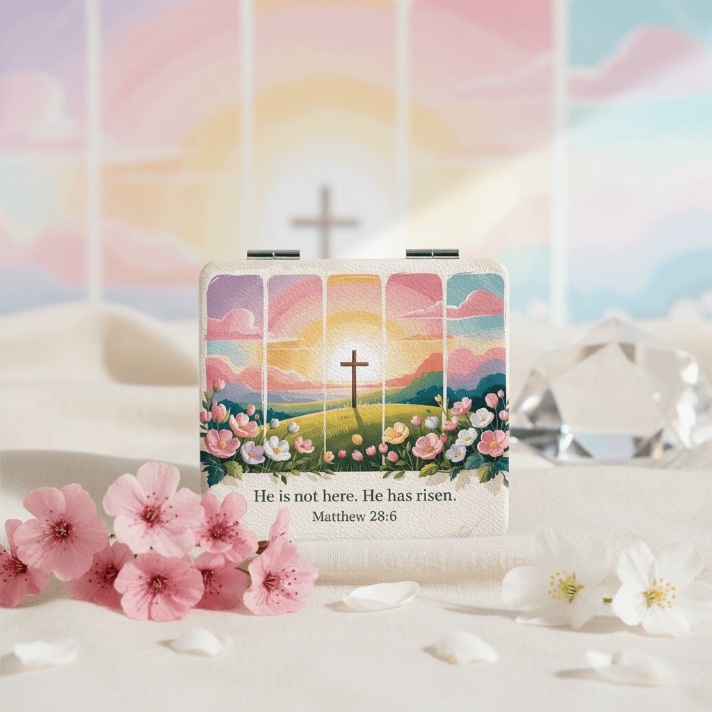 He Has Risen Christian Square Pocket Makeup Mirror for Religious Easter Gifts