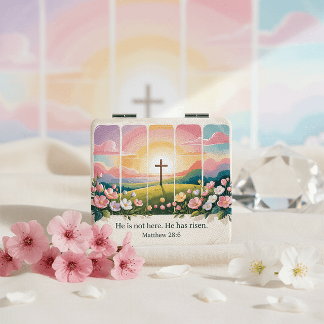 He Has Risen Christian Square Pocket Makeup Mirror for Religious Easter Gifts