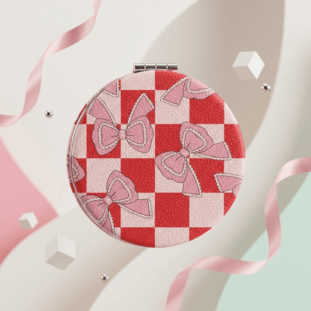 Pink Bow Checkered Round Pocket Makeup Mirror for Women Birthday & Bachelorette Gifts