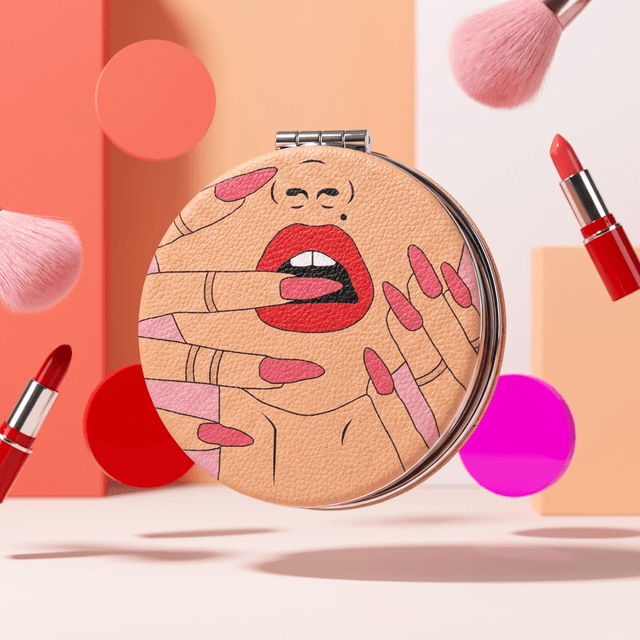 Playful Illustrated Round Pocket Makeup Mirror for Women Cute Gift for BFF Birthday & Daily Use