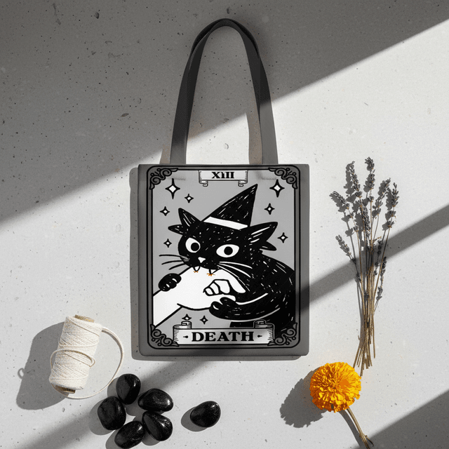 Death Tarot Black Cat Canvas Tote Bag for Witchy Cat Lovers Birthday & Halloween Gifts