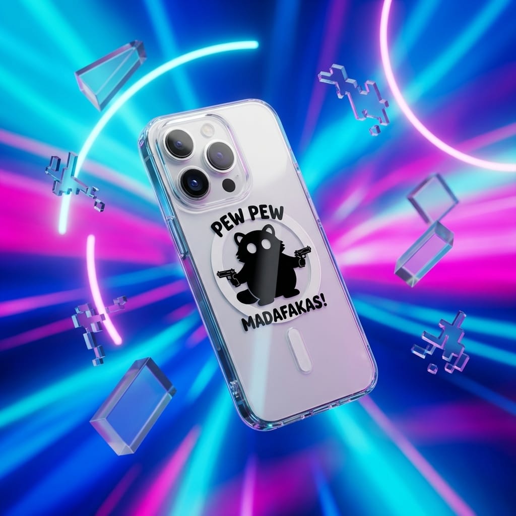 Pew Pew Raccoon Clear Magnetic iPhone Case Funny Novelty Gift for Meme Lovers