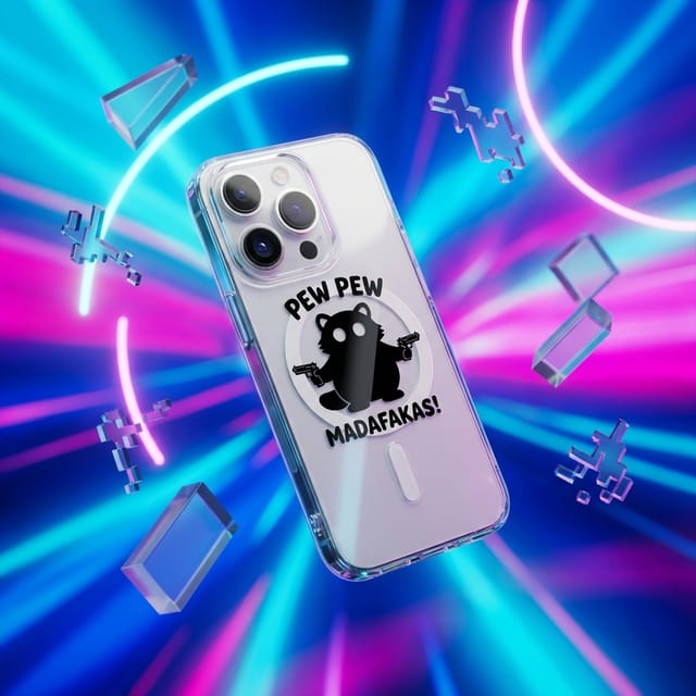 Pew Pew Raccoon Clear Magnetic iPhone Case Funny Novelty Gift for Meme Lovers