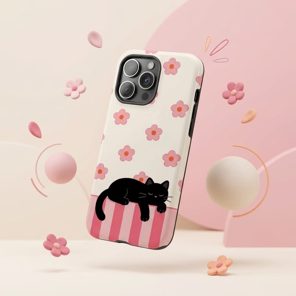 Personalized Magnetic Black Cat Floral Phone Case - Custom Gift for Cat Lovers