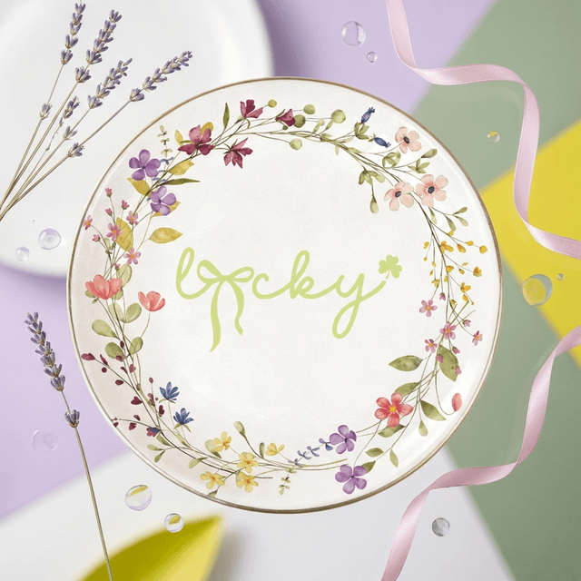 Floral Lucky Round Ceramic Jewelry Tray, Cute Trinket Dish for Birthday Bridesmaid Housewarming Gifts