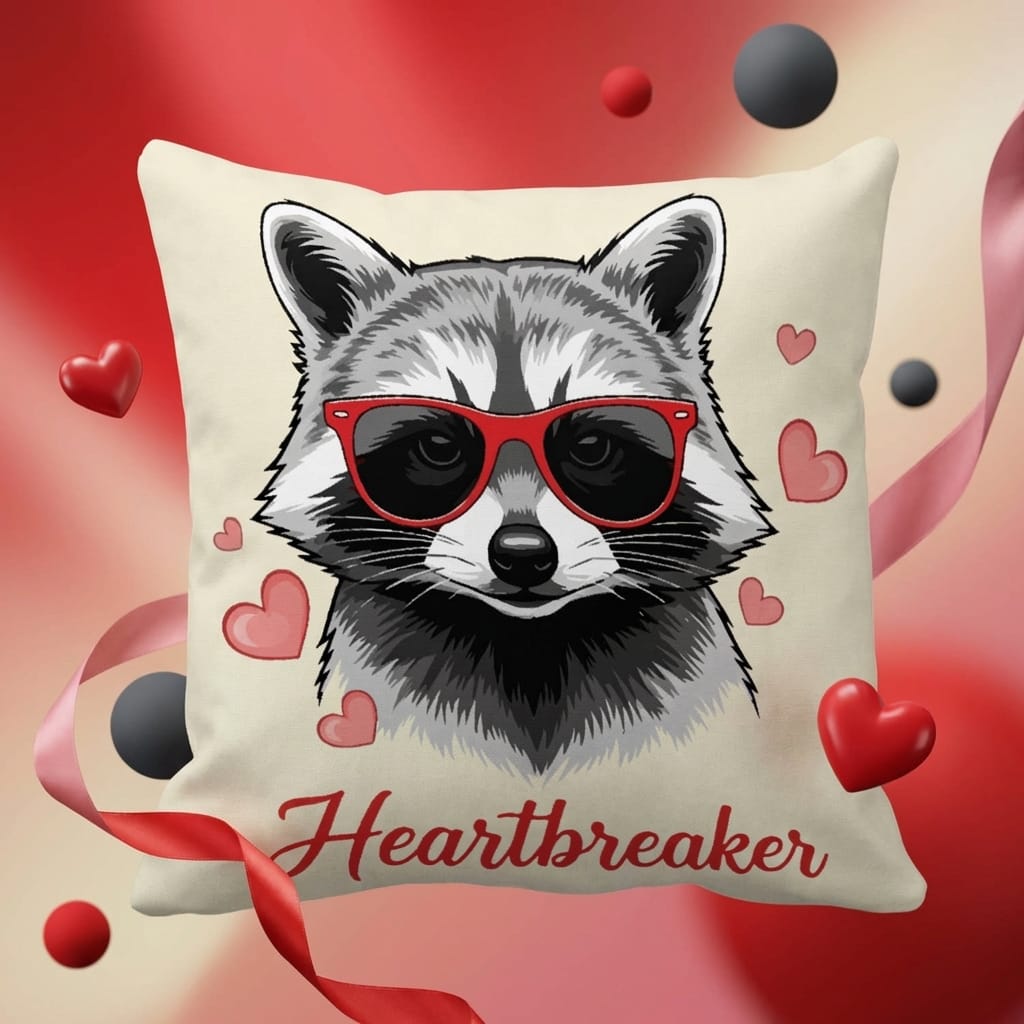 Cute Raccoon Heartbreaker Throw Pillow Fun Valentine's Day Gift for Home Living Room Decor