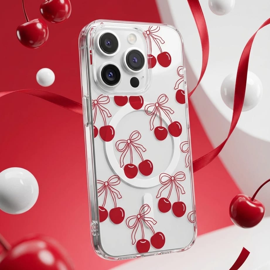 Cherry Bow MagSafe Clear iPhone Case | Gift for iPhone 15/16/17 Pro/Pro Max