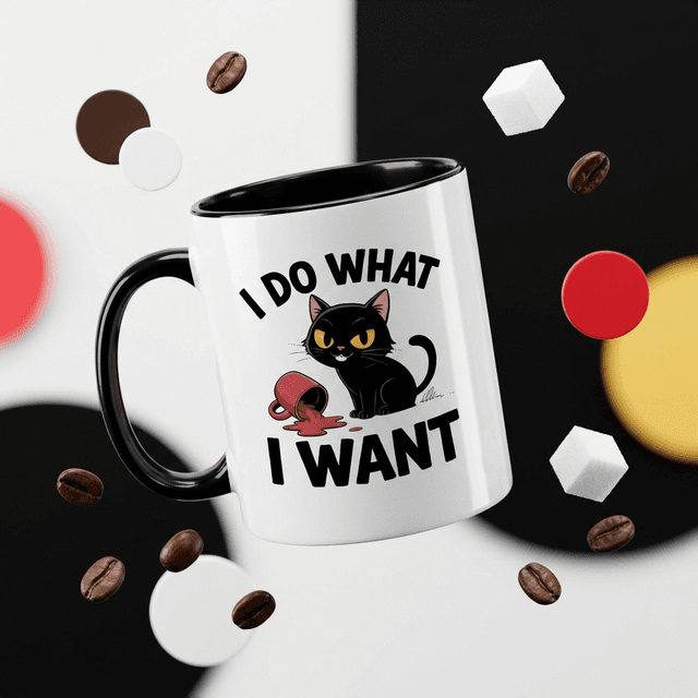 'I Do What I Want' Black Cat Accent Mug - 11oz Coffee Cup, Funny Gift for Cat Lovers