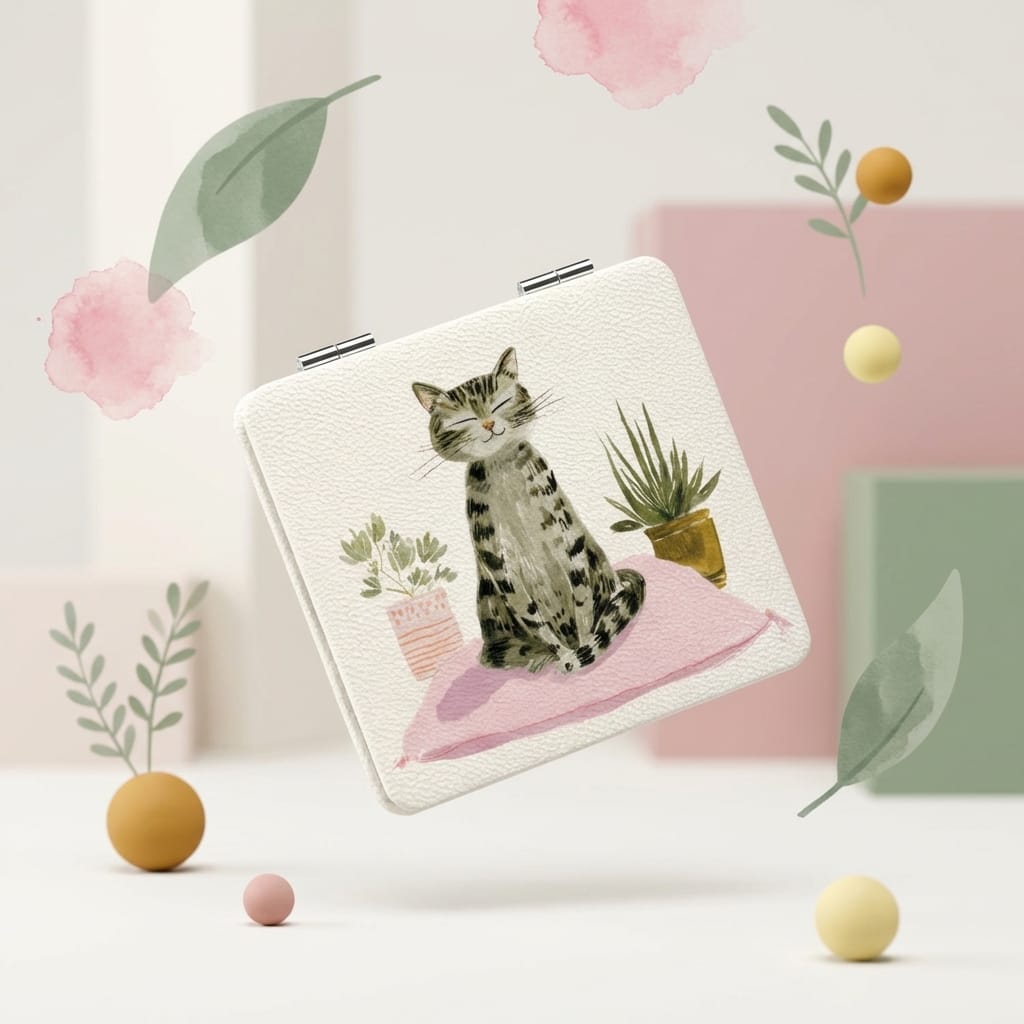 Cute Meditating Cat Square Pocket Makeup Mirror for Cat Lovers Birthday Holiday Gifts