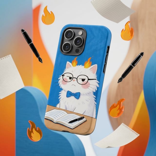 Funny Angry Study Cat Magnetic Phone Case Cute Gift for Students Back to School