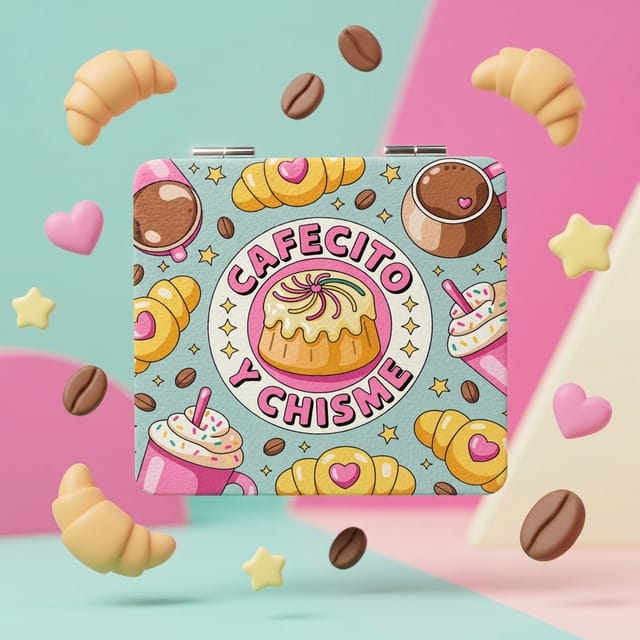 Cafecito Y Chisme Square Pocket Makeup Mirror Cute Coffee Lover Gift for Friends