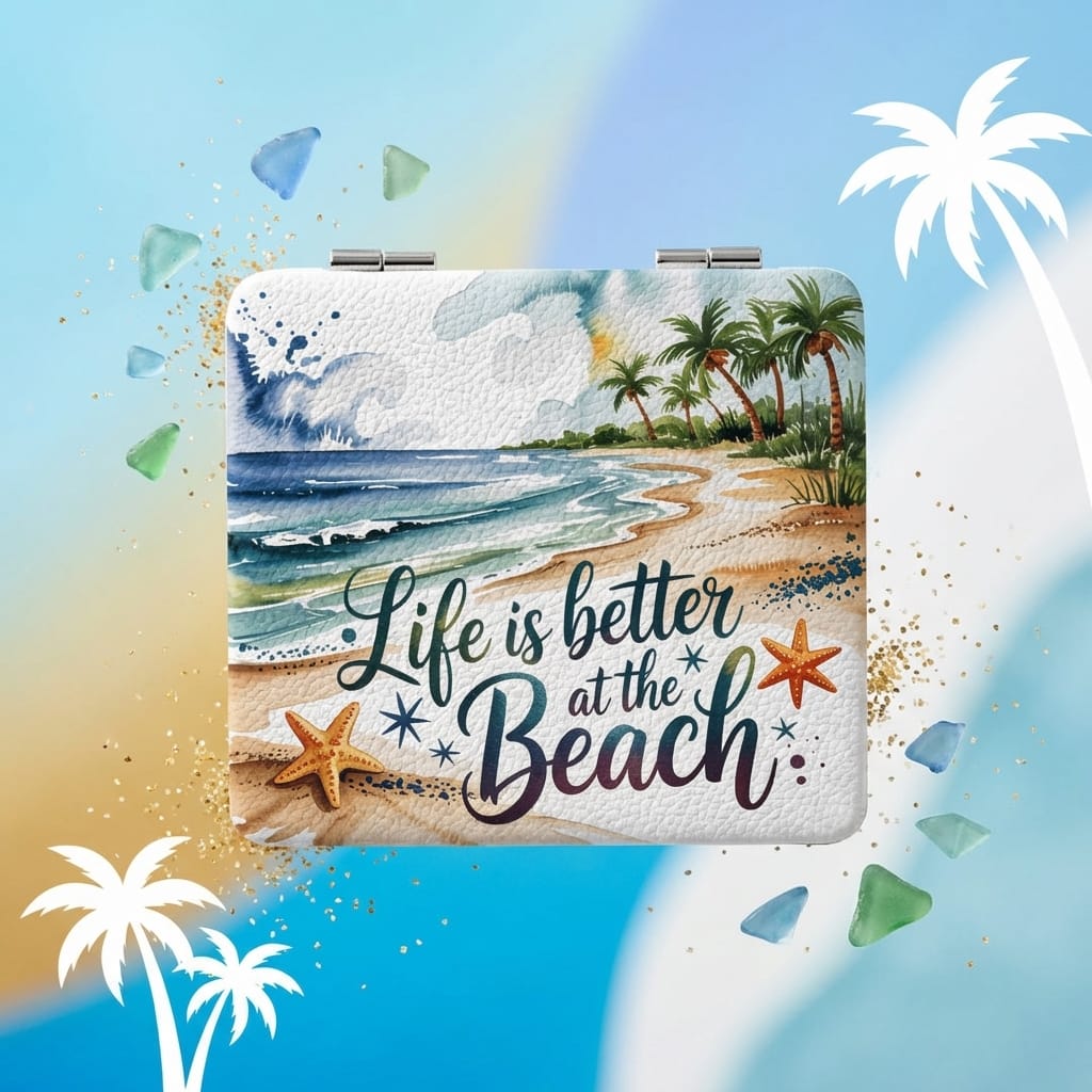Beach Themed Square Pocket Makeup Mirror | Perfect Gift for Beach Lovers & Vacations