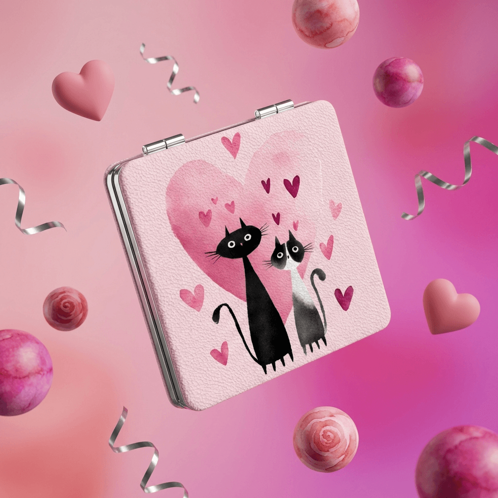 Cute Cat Heart Pocket Mirror - Gift for Cat Lovers & Her