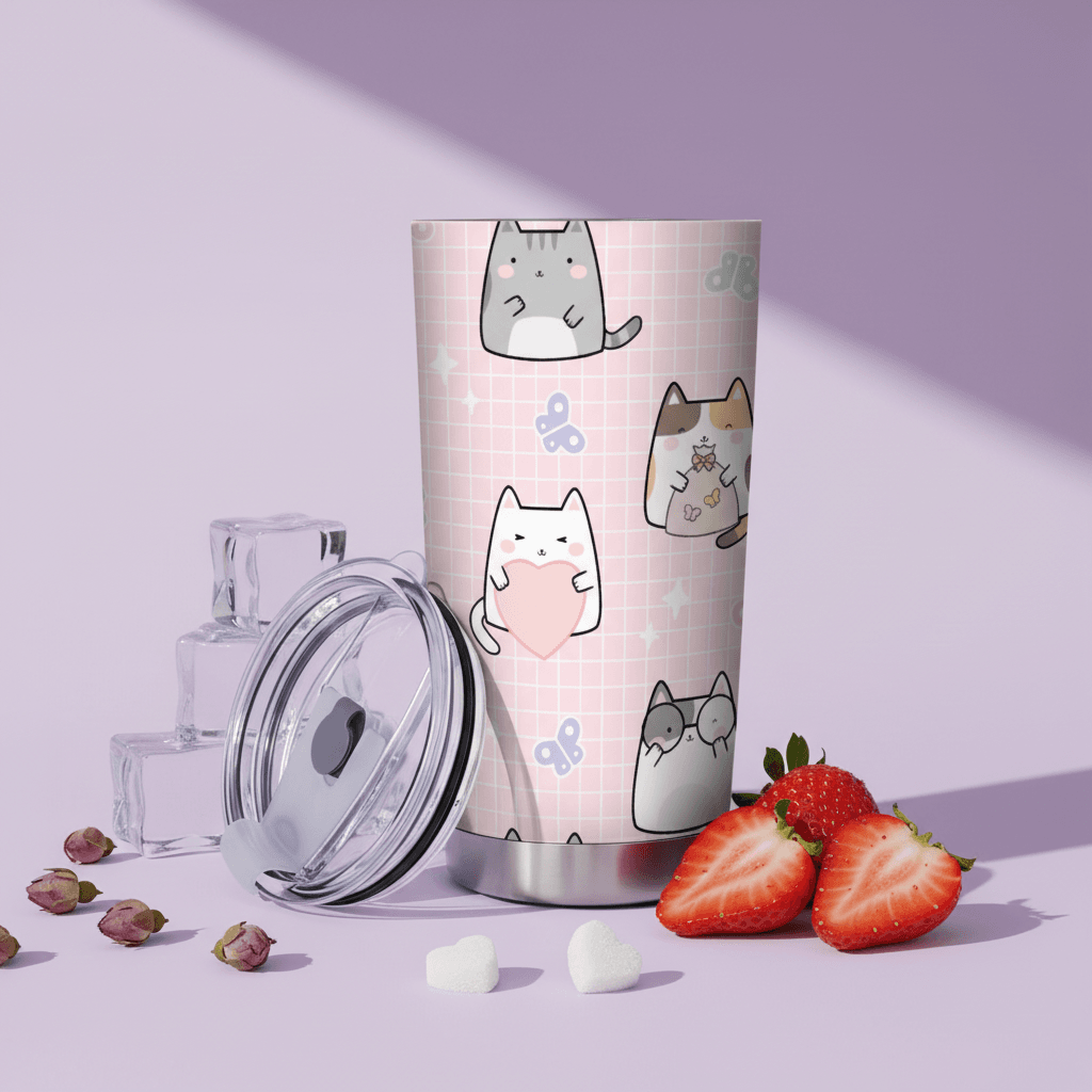 Kawaii Cat Pattern Stainless Steel Tumbler for Cat Lovers Birthday Holiday Gifts