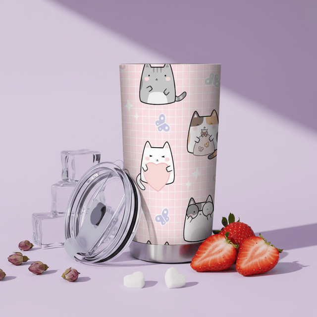 Kawaii Cat Pattern Stainless Steel Tumbler for Cat Lovers Birthday Holiday Gifts