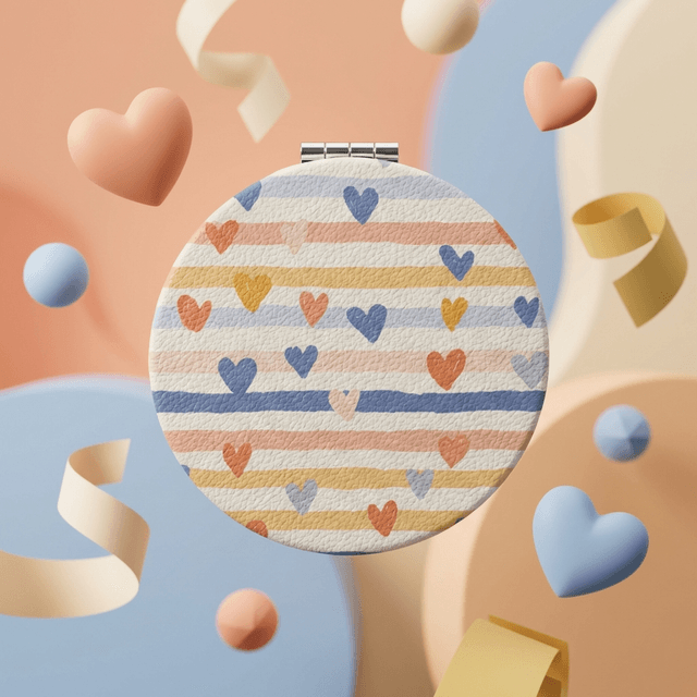 Cute Heart Stripe Travel Foldable Pocket Makeup Mirror for Women Girls Birthday Gift