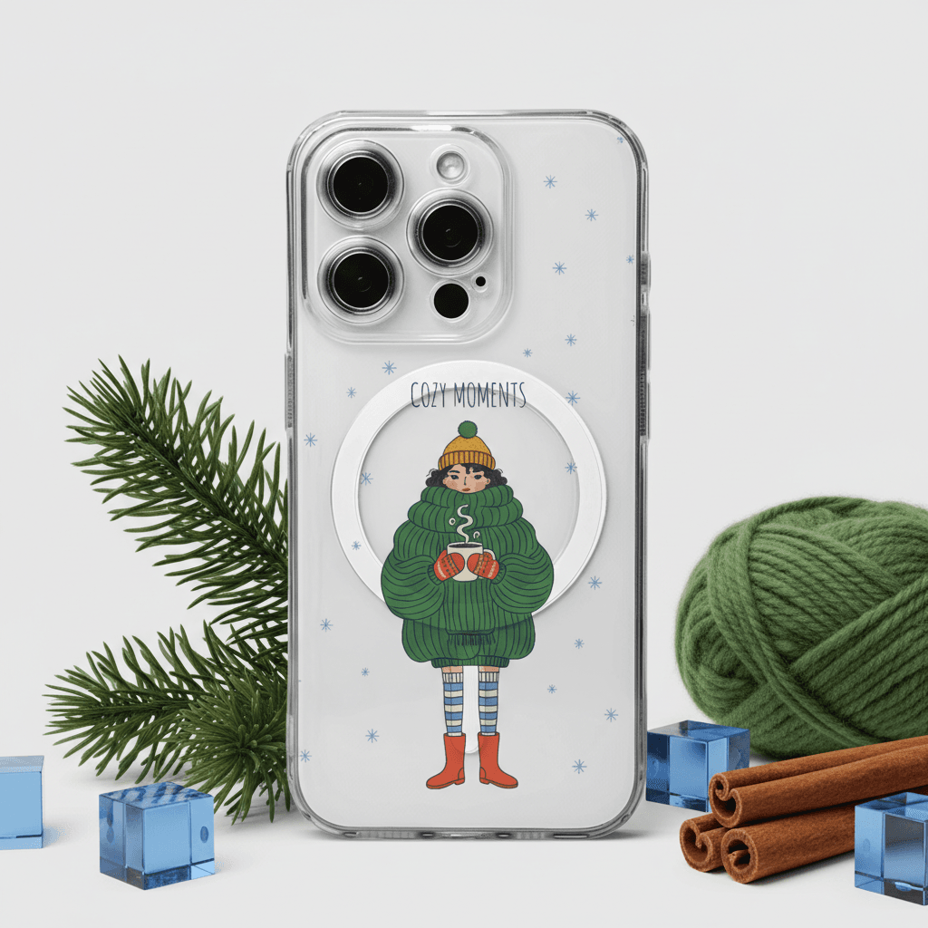 Cozy Winter Girl Clear MagSafe iPhone Case | Shockproof Anti-Yellow Holiday Gift for Her