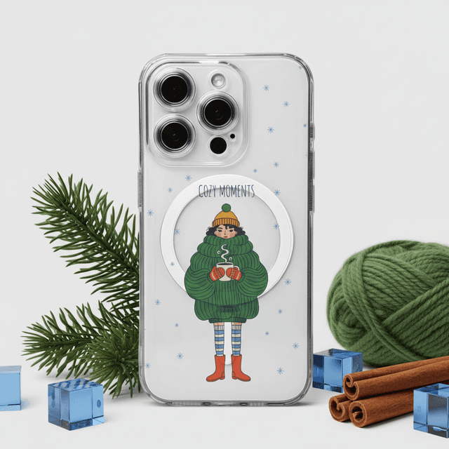 Cozy Winter Girl Clear MagSafe iPhone Case | Shockproof Anti-Yellow Holiday Gift for Her