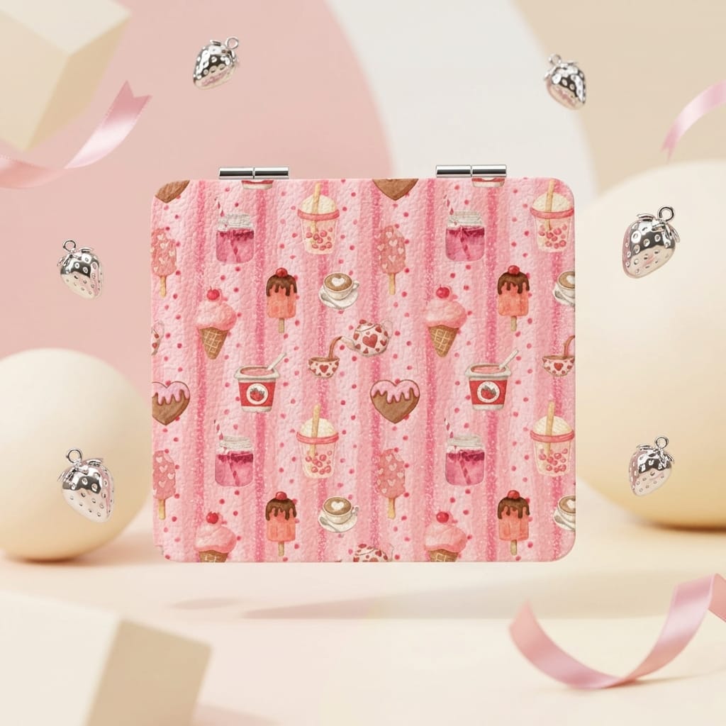 Cute Pink Sweet Treat Square Pocket Makeup Mirror for Women Birthday Holiday Gifts