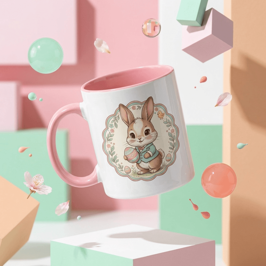 Easter Bunny 11oz Pink Ceramic Coffee Mug Cute Holiday Gift for Family & Friends