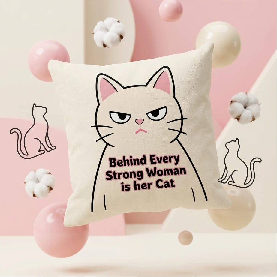 'Behind Every Strong Woman Is Her Cat' Double-Sided Pillow - Gift for Cat Lovers & Strong Women