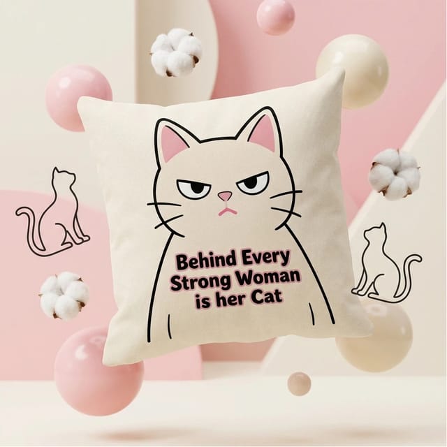 'Behind Every Strong Woman Is Her Cat' Double-Sided Pillow - Gift for Cat Lovers & Strong Women