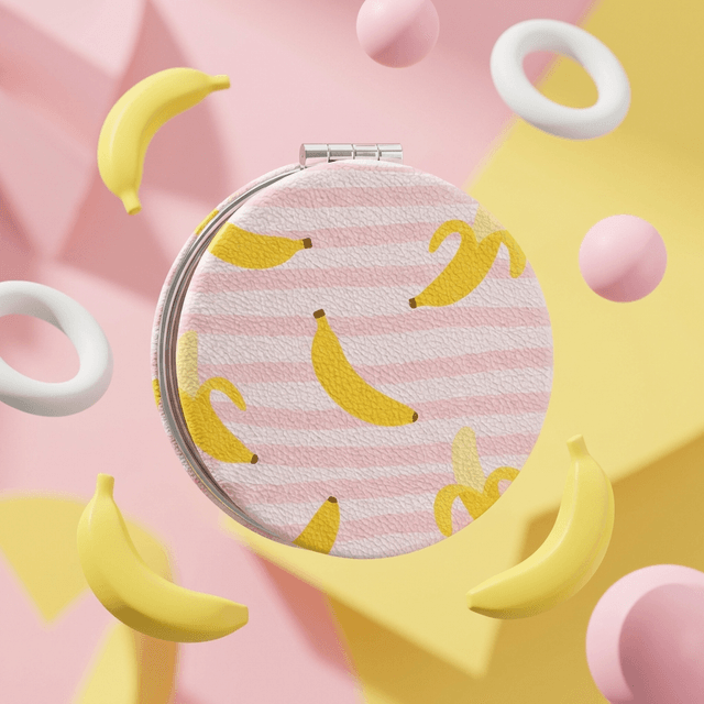 Cute Banana Pink Striped Round Pocket Makeup Mirror, Travel Friendly Gift for Women
