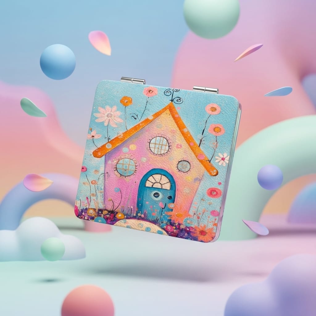 Cute Whimsical House Square Pocket Makeup Mirror for Women, Ideal for Birthday Bridesmaid Gifts