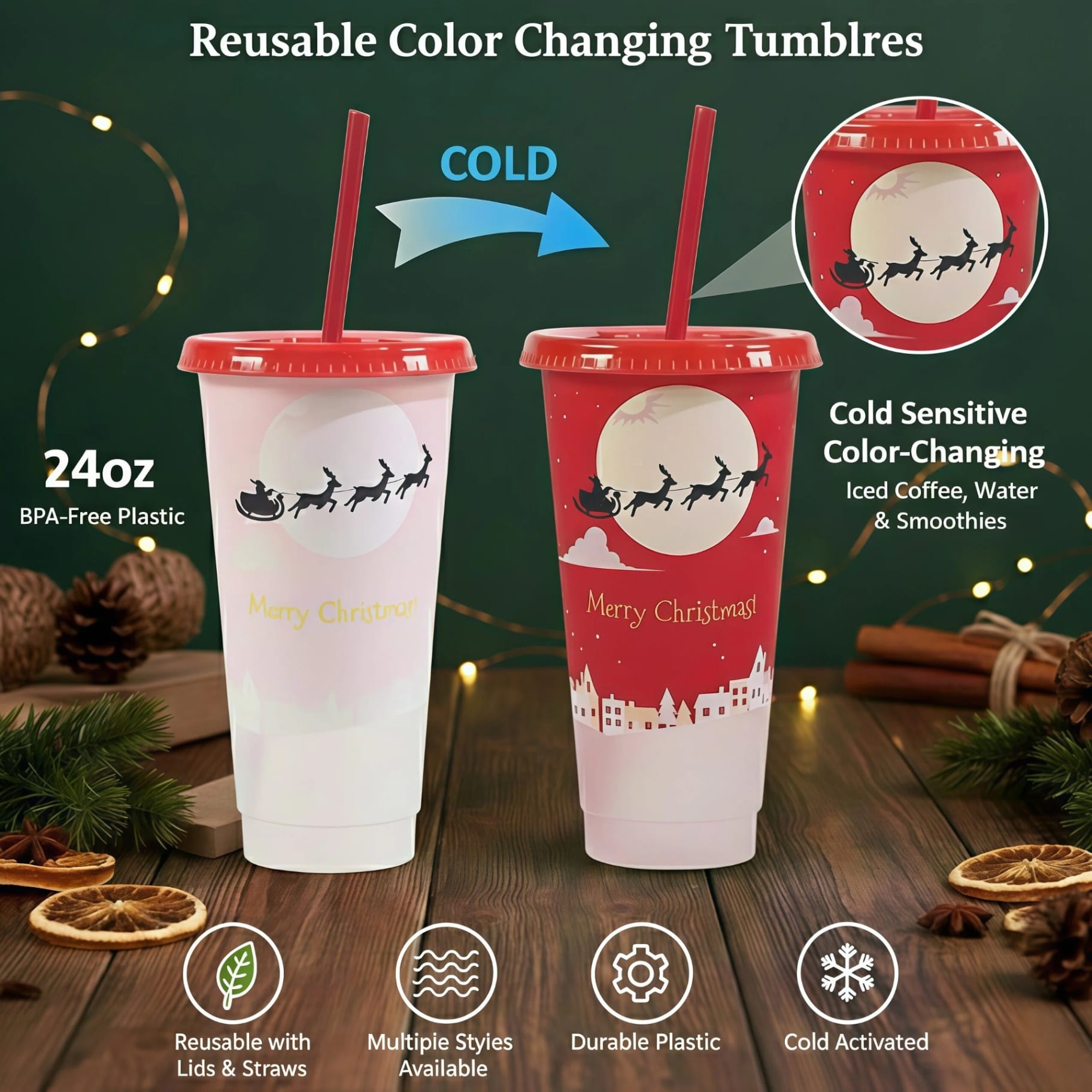 Reusable Color Changing Tumblers with Lids & Straws, 24oz BPA-Free Plastic Cups for Iced Coffee, Water & Smoothies, Cold Sensitive Color-Changing Cups, Multiple Styles Available - Image 3