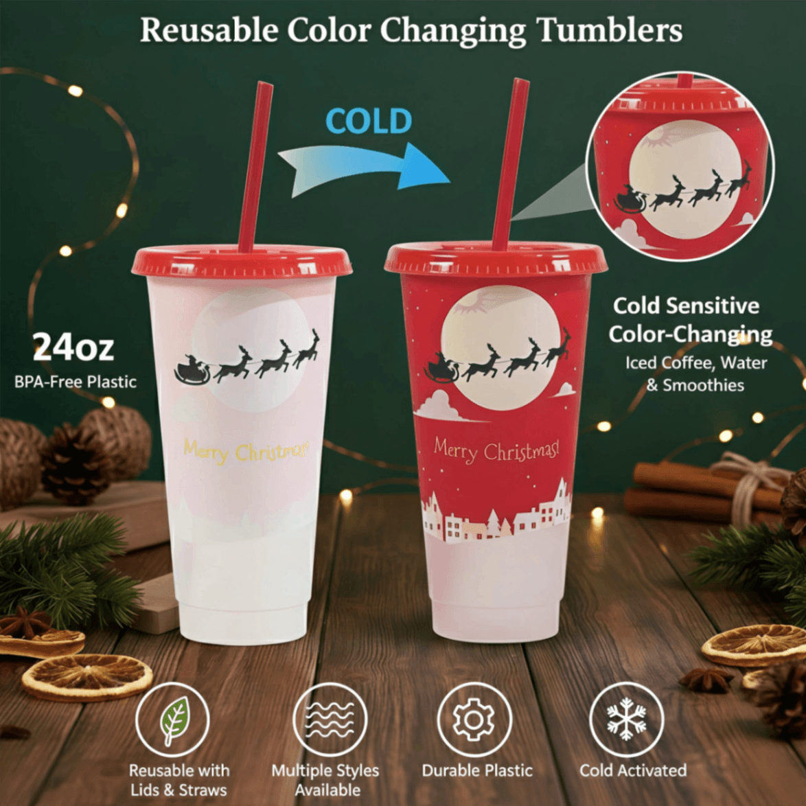 Reusable Color Changing Tumblers with Lids & Straws, 24oz BPA-Free Plastic Cups for Iced Coffee, Water & Smoothies, Cold Sensitive Color-Changing Cups, Multiple Styles Available - Image 3