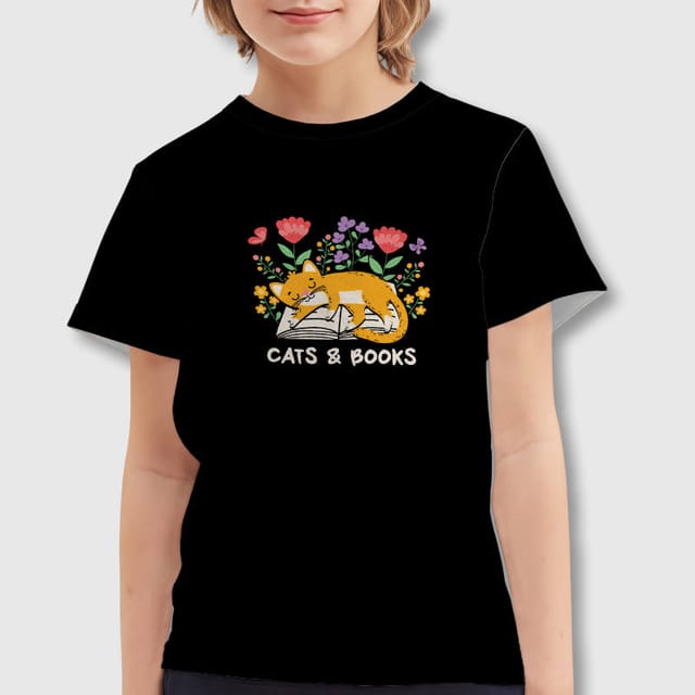 Cats & Books Floral Kids T-Shirt for Pet Lovers Gift