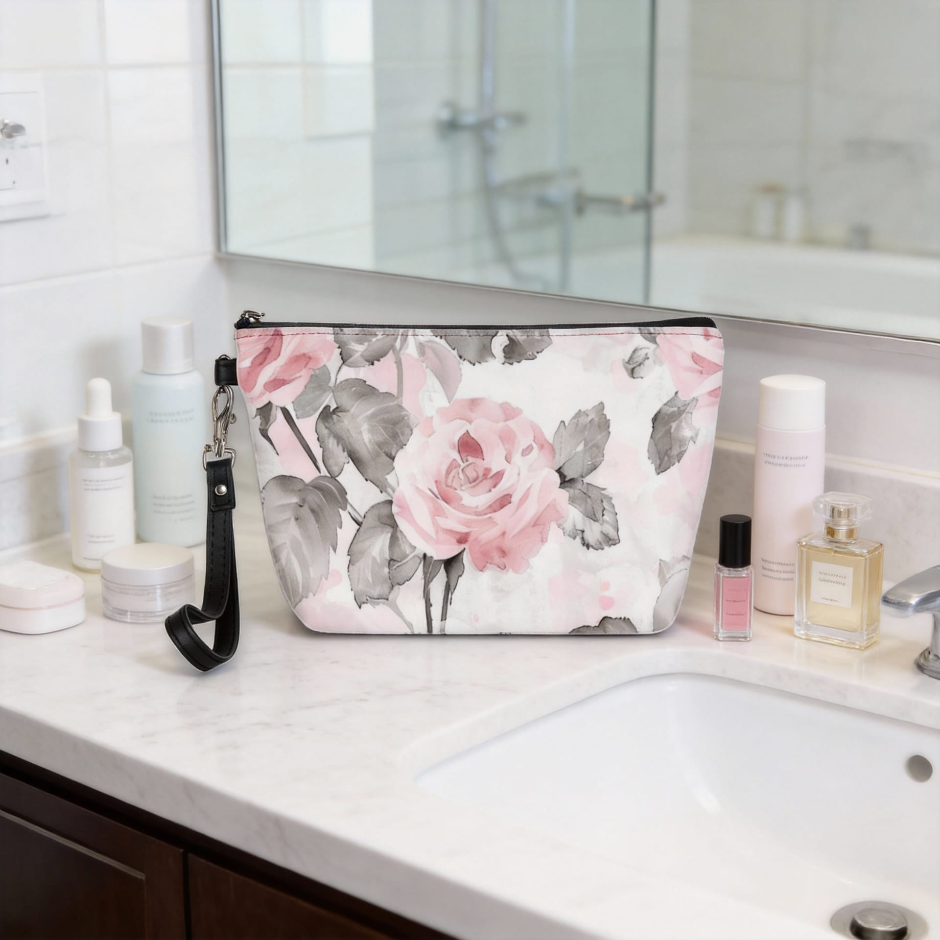 Personalized Watercolor Rose Wristlet Cosmetic Bag