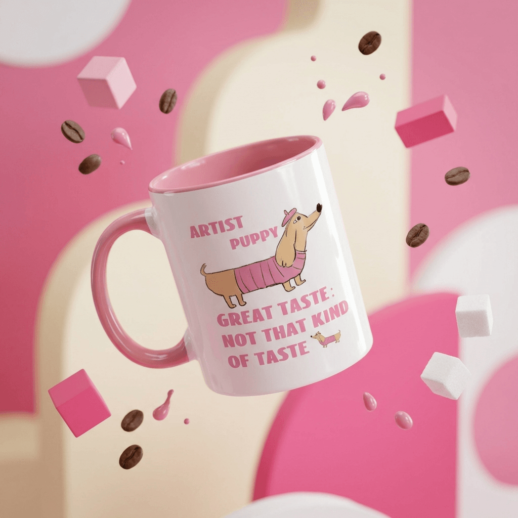 Artist Puppy Pink Accent Mug | 11oz Ceramic Coffee Cup - Add Photo/Text, Perfect Gift for Dog Lovers & Artists