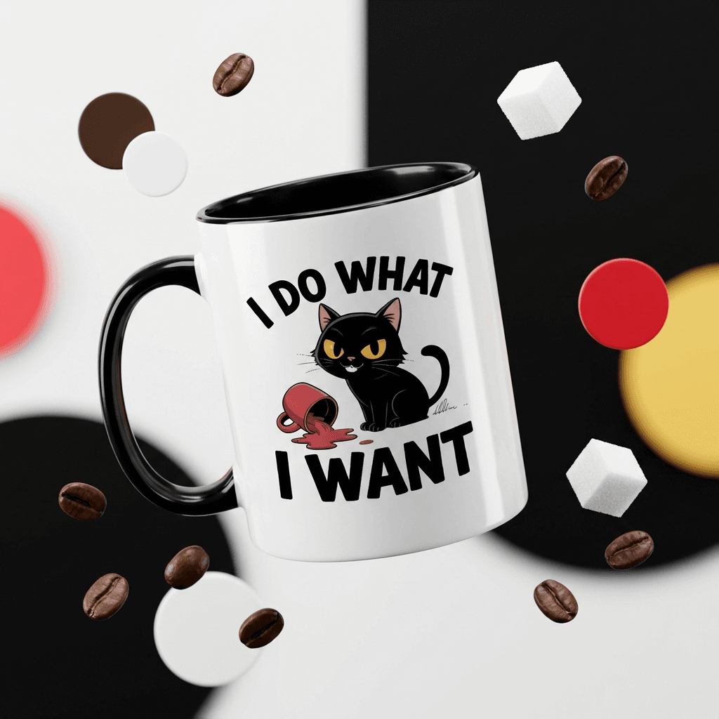 'I Do What I Want' Black Cat Accent Mug - 11oz Coffee Cup, Funny Gift for Cat Lovers